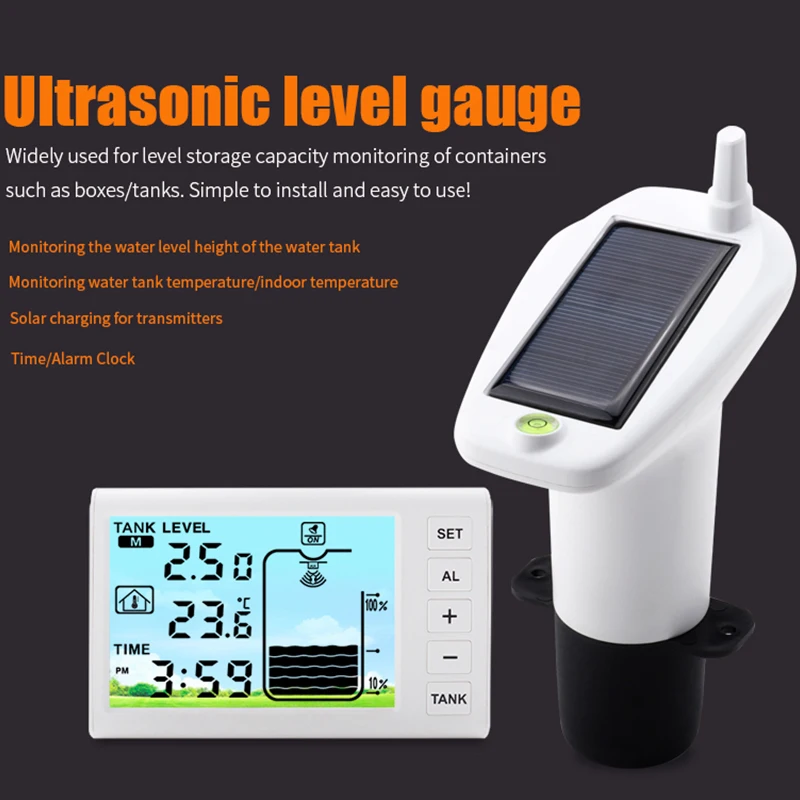 Solar Powered Ultrasonic Level Gauge Digital LCD Indoor Water Liquid Tank Depth Temperature Monitor Alarm Clock 100M Sensor -40℃