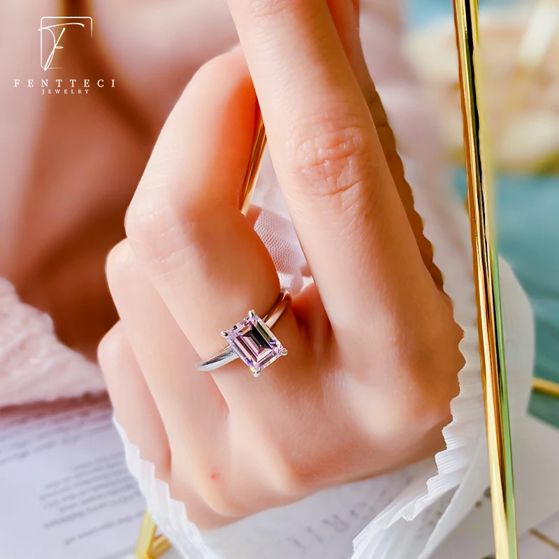 FENTTECI 2 Carat Ring S925 Sterling Silver with Platinum Plated Emerald Moissanite Diamond Ring for Women Fine Jewelry Wedding