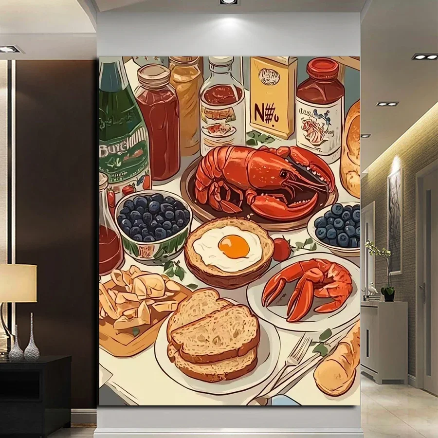 

Алмазная вышивка 5D: Еда, хлеб, жареное яйцо, лобстер и черники. Полностью инкрустированная алмазами вышивка крестом. Декор для стола с изображением вкусной еды.