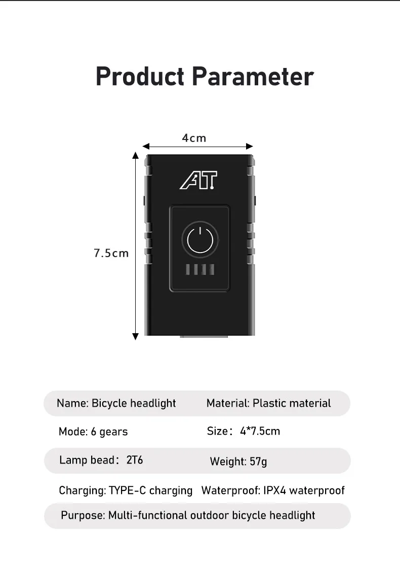 Bicycle Light T6 LED Bike Front Lamp 6 Modes Cycling Lantern Type-C Rechargeable MTB Bike Headlight Flashlight for Night Riding