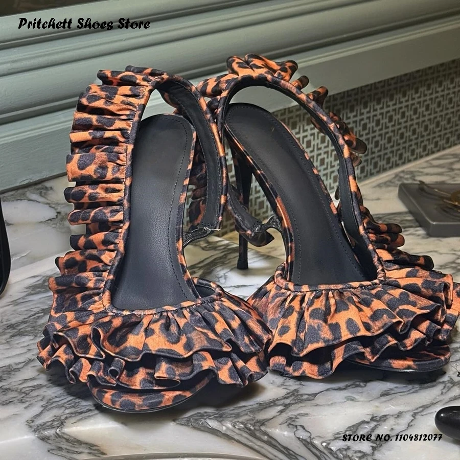 

Women's Ruffle-Trimmed Satin Sandals Spring Autumn Sweet Slingback Stilettos Round Open Toe Thin Heels Plus Size Party Shoes