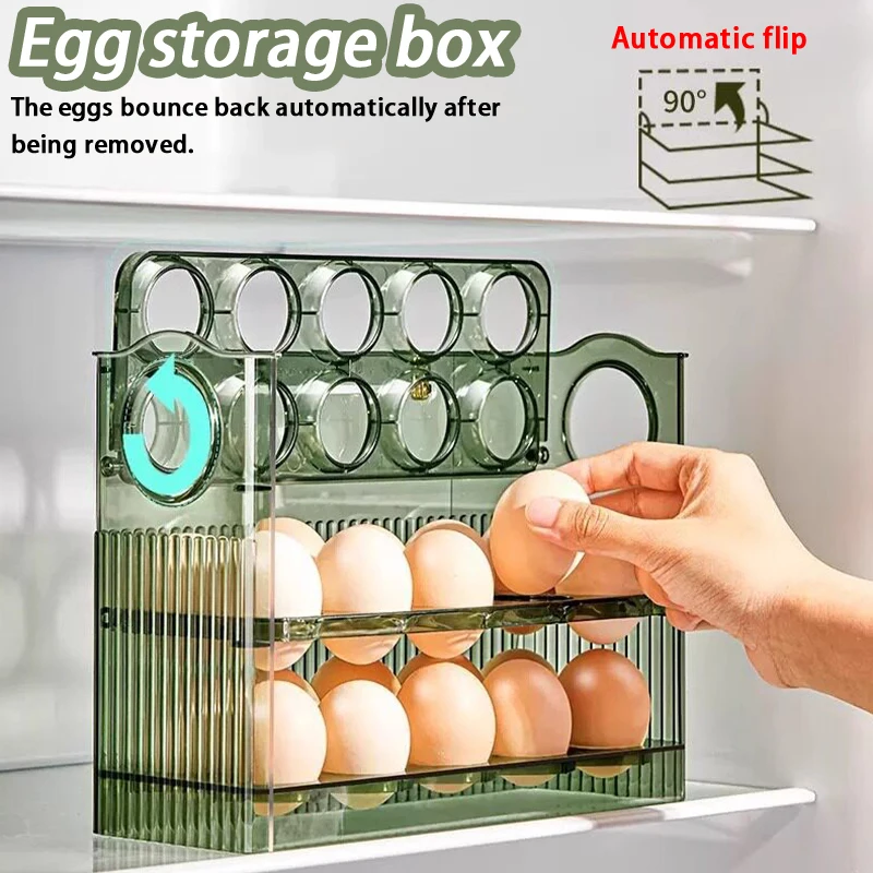 Kitchen Large Capacity Egg Fridge Storage Box - Portable Multi-Layer Egg Tray Organizer, Auto Opening/Closing Egg Holder