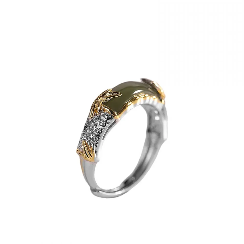 BOCAI S925 Sterling Silver Fashionable And Luxurious Inlaid With Hotan Jade Hollow Bamboo Knots Open Ring Lady Gift