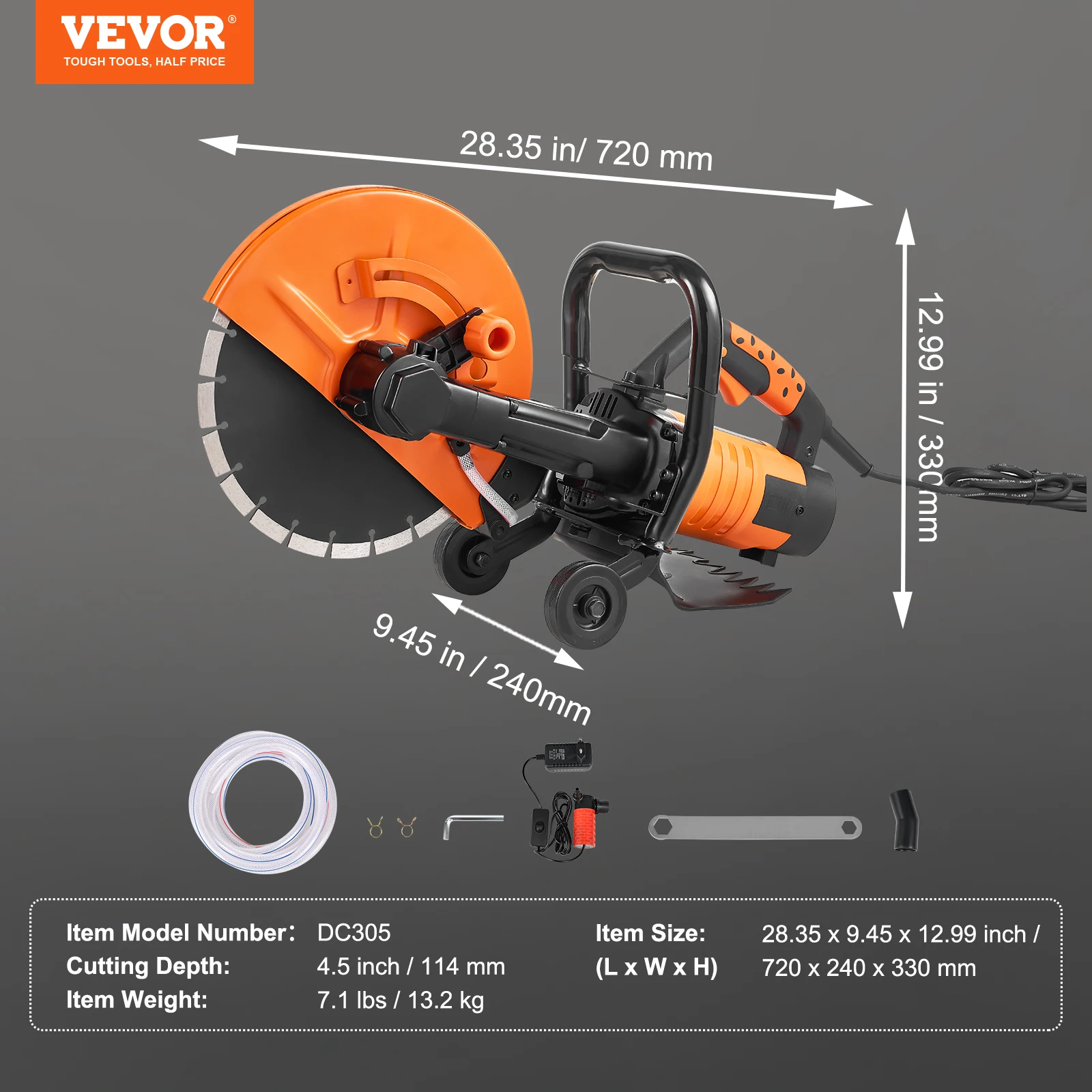 SucceBuy Elektrische betonzaag 9 inch 1800 W 15A Motor Cirkelzaag met 3,5 inch zaagdiepte Nat/droog schijfsnijder voor steen