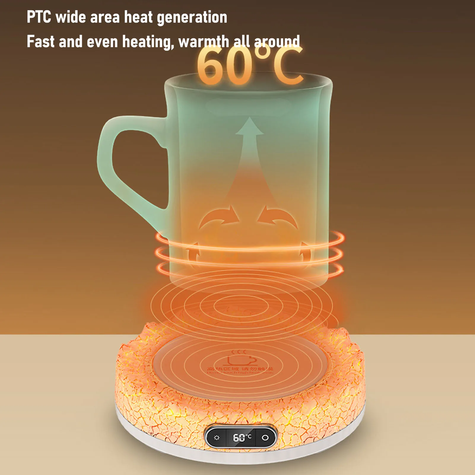 Electric Mug Warmer Volcano Shaped with Colorful Lights 4 Temperature Settings Constant Heat 8H Timer Heating Plate