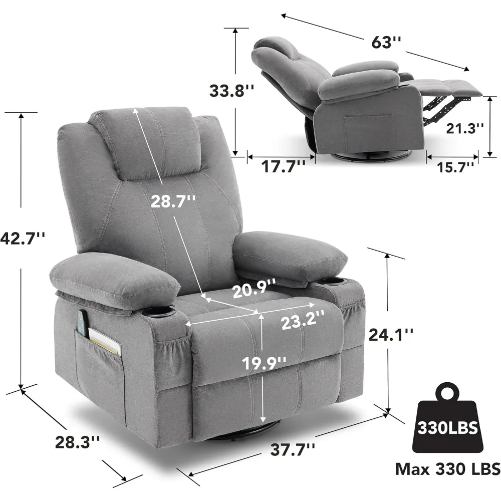 Oversized Swivel Rocker Recliner Chair with Heat and Massage, 360 Degree Swivel Rocking Single Sofa