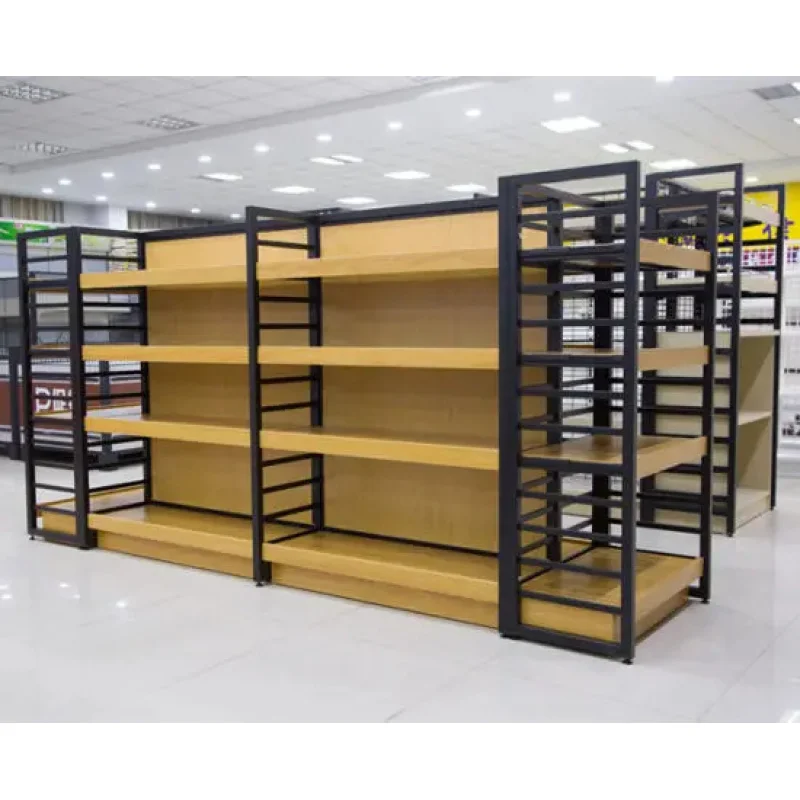 custom.Customized Wooden Double Sided Grocery Store Display Racks Supermarkets