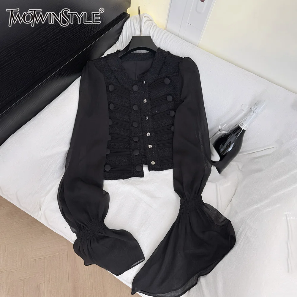 

TWOTWINSTYLE Дизайнерские винтажные однотонные короткие куртки для женщин с круглым вырезом и длинными рукавами, шикарное пальто на пуговицах, женское новое KJA547082