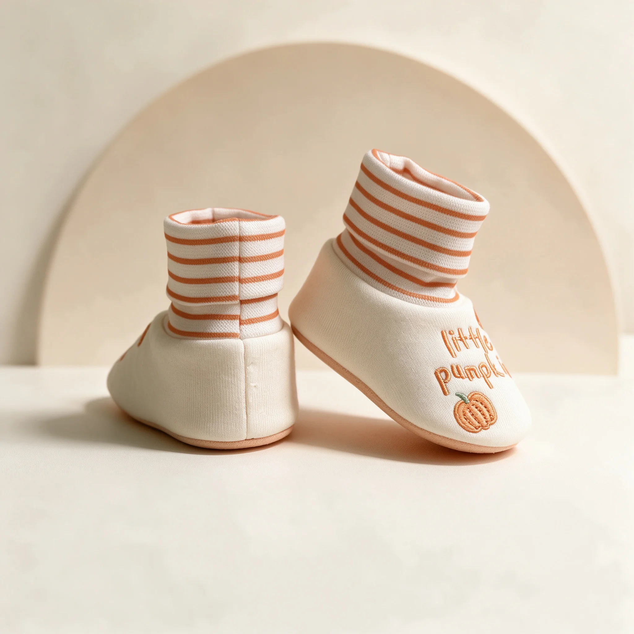 Cute Pumpkin Embroidery Baby Sock Shoes Striped Cuff Soft Sole Newborn Anti‑slip Toddler Pre‑walker Shoes Infant Fall Footwear