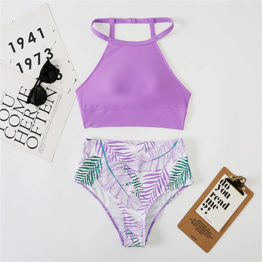 Bikini morado De cintura alta con estampado De Tanga, traje De baño sin espalda Y2K para vacaciones, traje De baño para Mujer, traje De baño para playa, Traje De baño para Mujer
