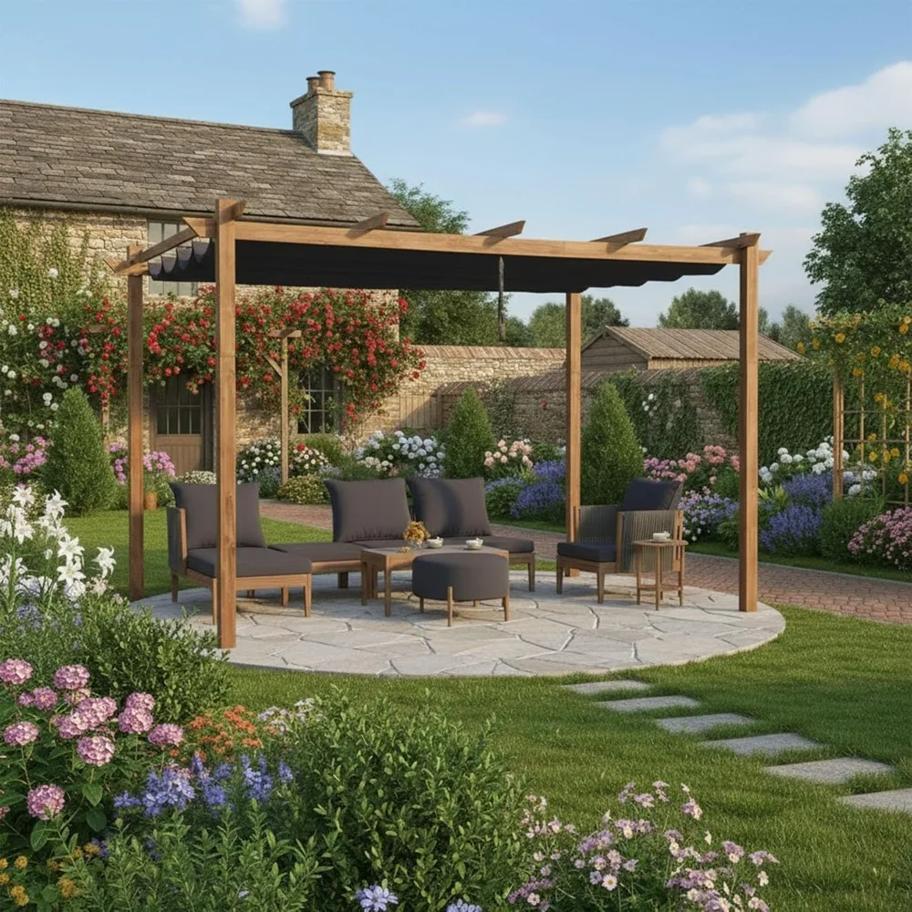 

10' x 13' Outdoor Retractable Pergola with Shade Canopy Patio Metal Shelter for Garden Porch Pavilion Natural Wood