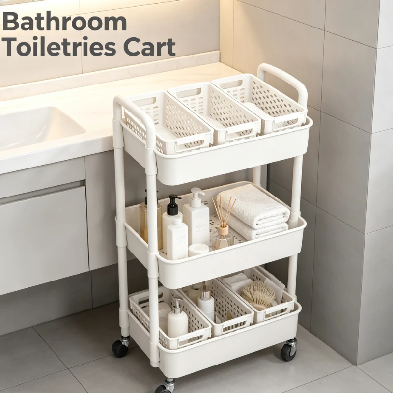 Rolling Storage Cart 3 Tier Plastic Utility Trolley With Removable Baskets For Kitchen Bathroom Bedroom Organizer Black White
