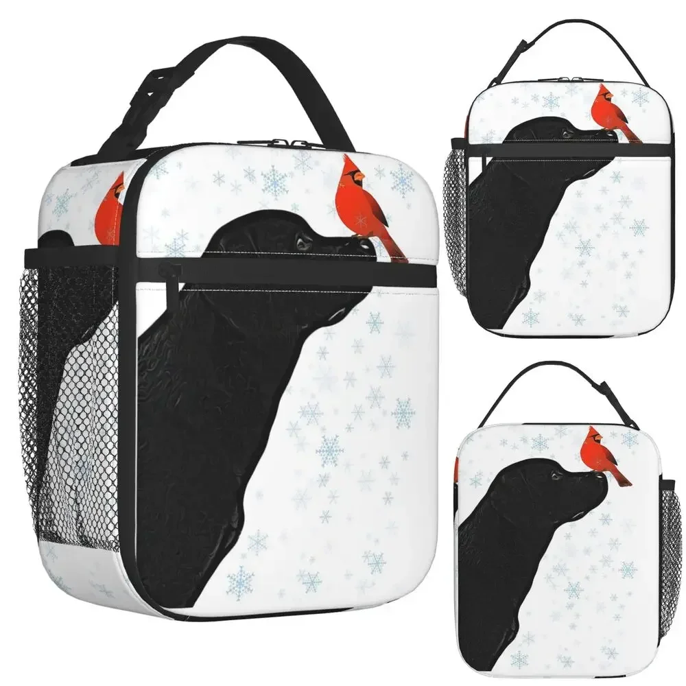 Black Labrador Christmas And Cardinal Bird Insulated Lunch Bag for Women Office Cooler Thermal Food Box Tote Lunch Boxes