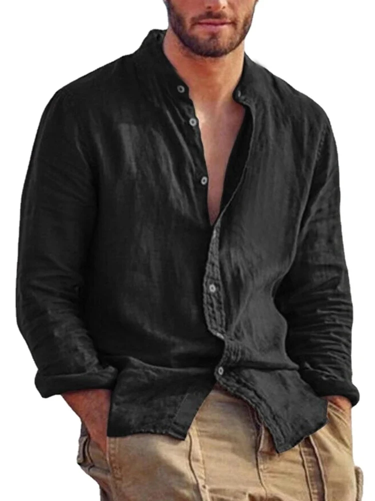 Sweatwear Herren Langarmhemd Leinen Einfarbige Hemden Trend Stehkragen Lässige leichte atmungsaktive Tops Hawaiihemd