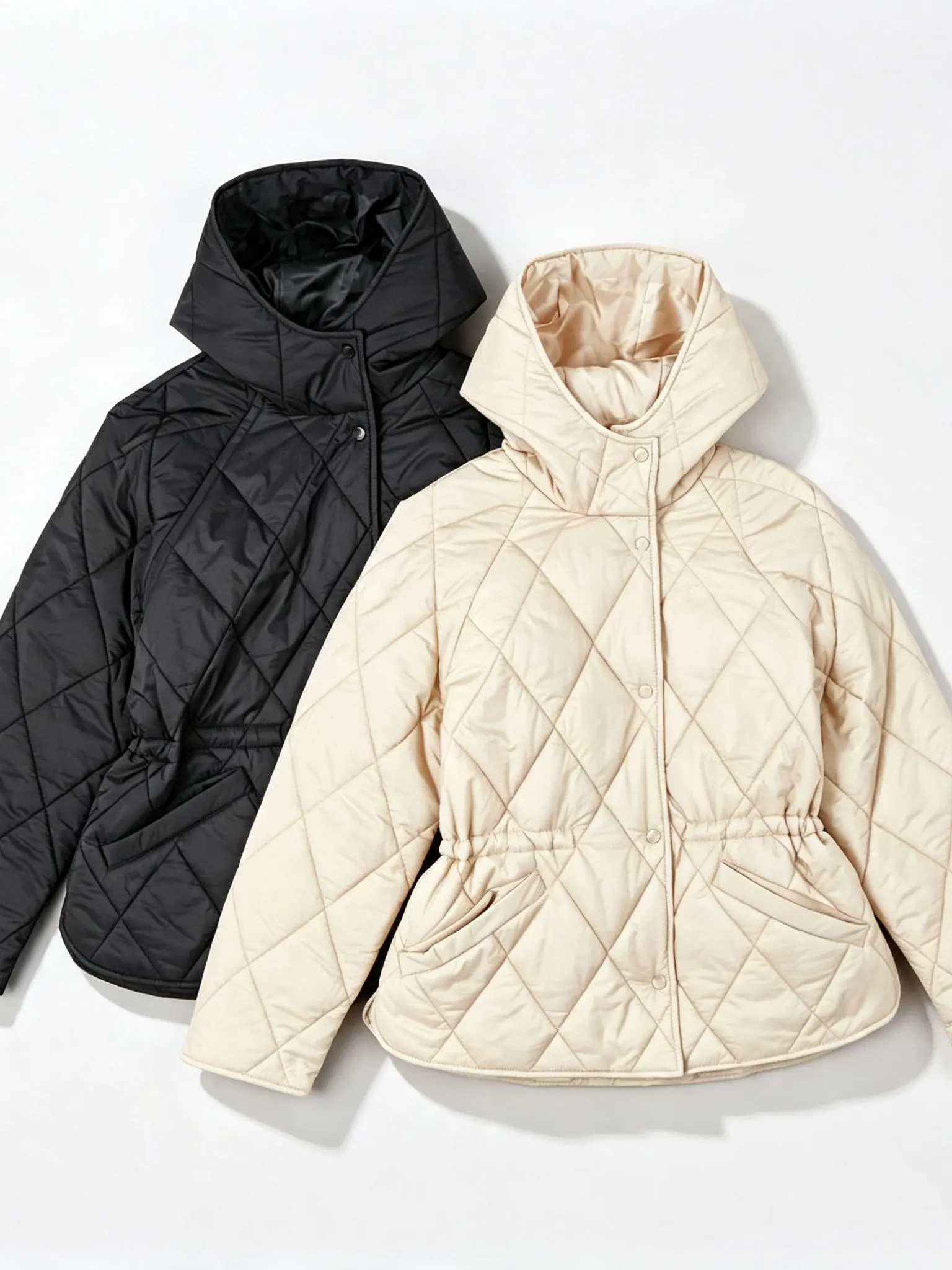 Casual Style Women's Cotton Jacket with Hood Thin Quilted Diamond Patterned Waist-Cinching Lightweight Spring Autumn Outerwear