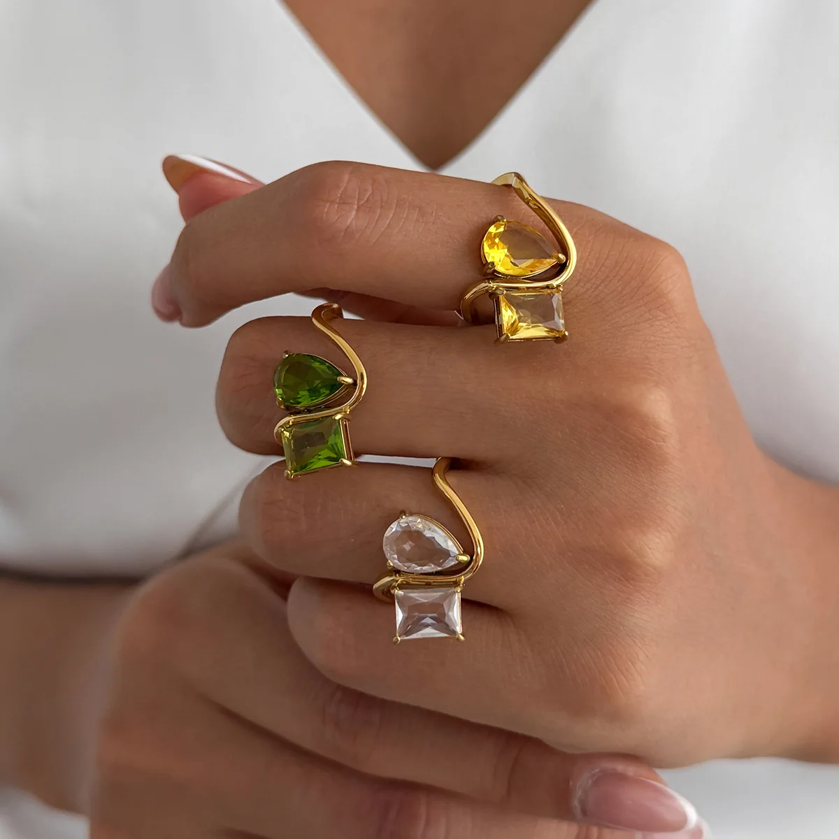 Ring Stainless Steel Lightweight S Curve Twisted Zircon Multicolor Teardrop Square Wave Mosaic for Women Office Work Daily