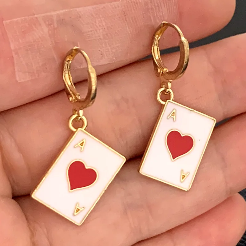 Creative Poker Ace earrings heart-shaped spade card asymmetrical mini man earrings women girl jewelry unique design