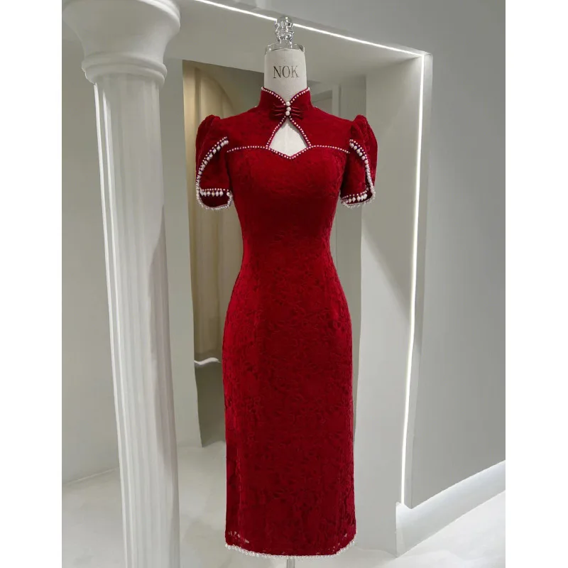 Yourqipao WomenToast Clothing Chinese Traditional Cheongsam Wine Red Wedding Banquet Dress Girls Engagement Evening Dresses