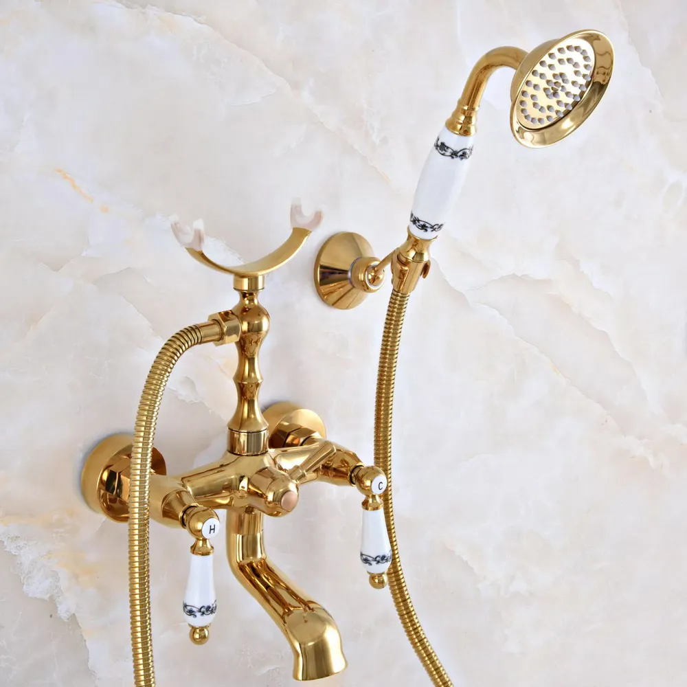 

Luxury Gold Color Brass Wall Mount Bathroom Bath Tub Faucet Set WITH/ 1.5M Handheld Shower Spray Head Mixer Tap Dna908