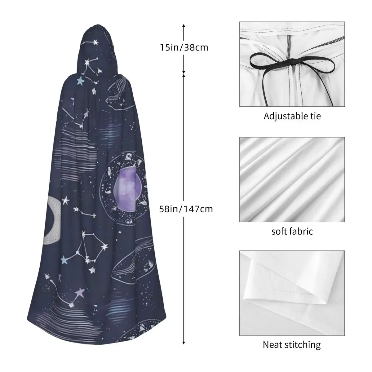 الأبراج الكونية عباءة طويلة مقنعين الساحرة القرون الوسطى زي تأثيري كيب هالوين معطف الكبار للجنسين