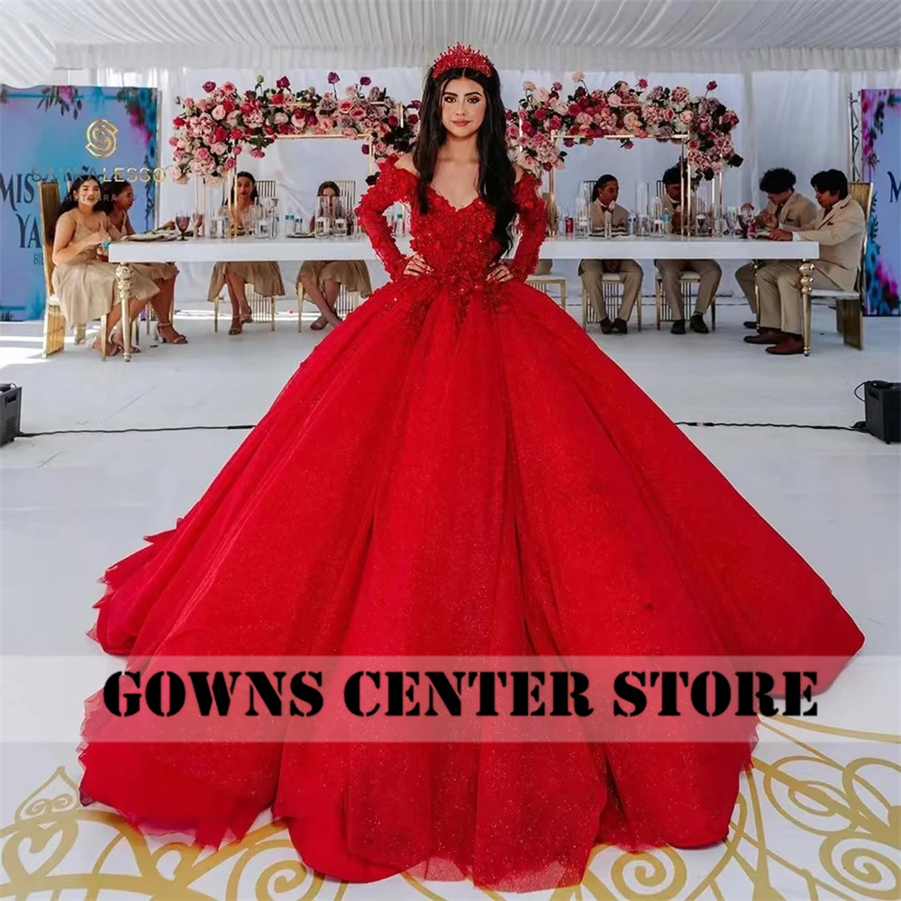 Elegant Red Long Sleeve Quinceanera Dress Ball Gown Puffy Birthday Gown Lace-Up Sparkly Princess Sweet 16 Dresses vestidos de 15