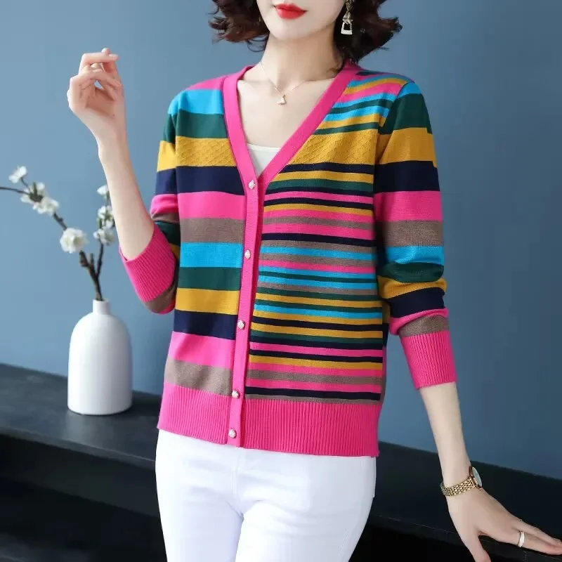 

New Spring and Autumn Striped Knitwear Female Middle-aged and Old Mothers Dress Western Style Loose Joker Thin Coat Women Jacket