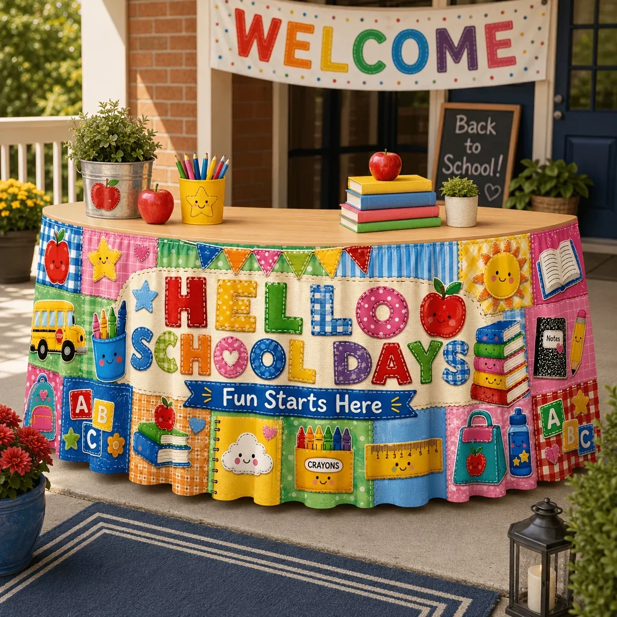 Tablecloth table skirt - 1 piece set. Hello Campus Moments. Patchwork printed fabric. School bus apple books.xzj