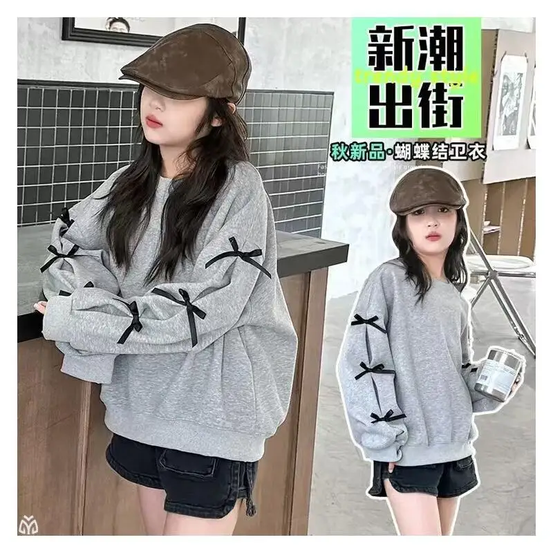 

Kid Style Girls Round Neck Sweatshirt Soft for Girls and Children Spring Autumn Fashion 2026 New Loose Bow Tops Casual Wear