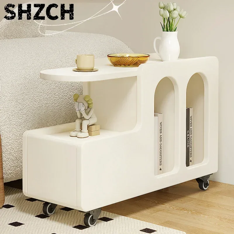 Movable Side Table with Storage Rack Cream Style End Table for Sofa Coffee Table Bedroom and Living Room