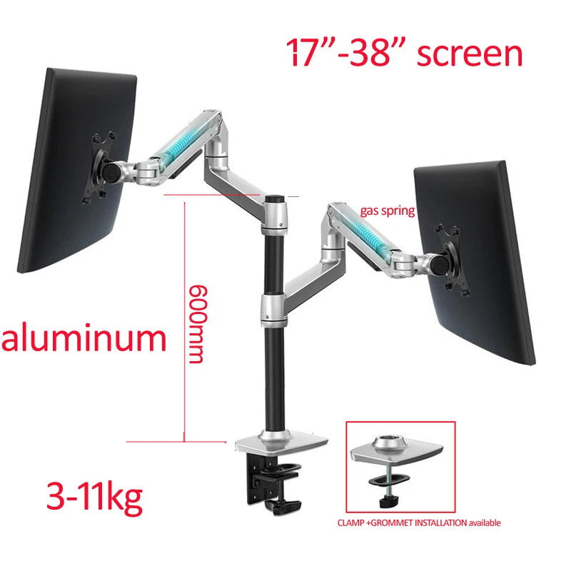 

DL-8012D mechanical spring 3-11kg dual arm clamp grommet base 100x100 computer lcd table mount 17"-38" monitor desktop stand