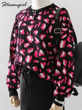 Camisola fina com estampa de leopardo feminina, saltadores femininos, pulôveres quentes, malha preta, moda outono, novo, 2024