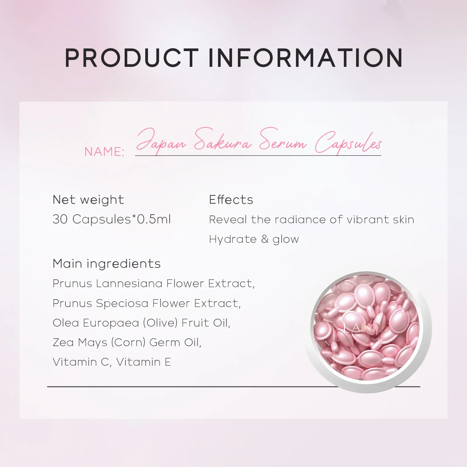 LAIKOU Sakura Capsule Essential Oil Facial Serum Moisturizing Brightening Serum Anti-Wrinkle Firming Brighten 30pcs*0.5ml
