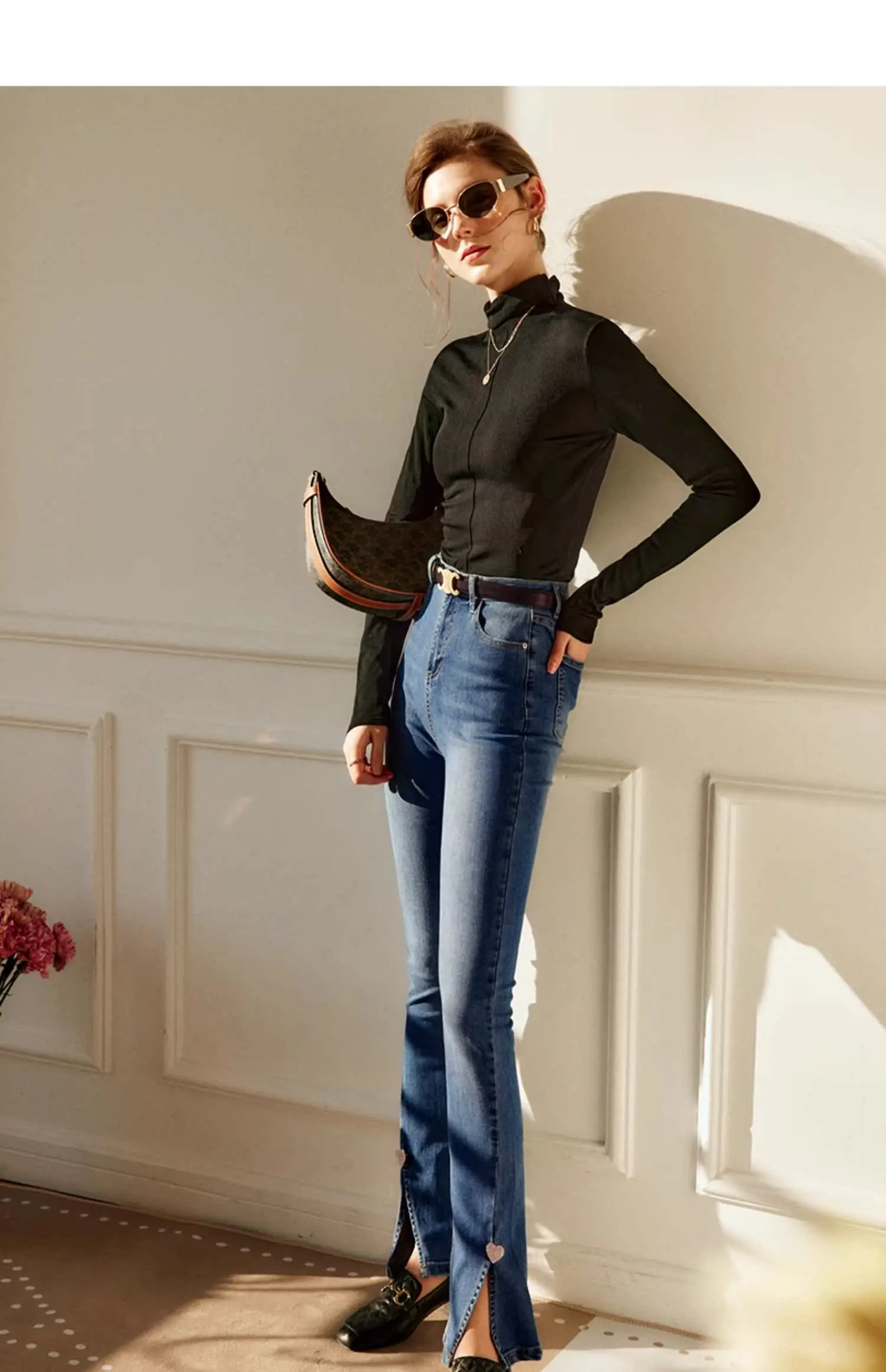 OLrain Slim Fit Turtleneck T-shirt for Women 2025 Autumn Black Fashion Knitted Long Sleeve Basic Soft Pullover Tops O21DM00302