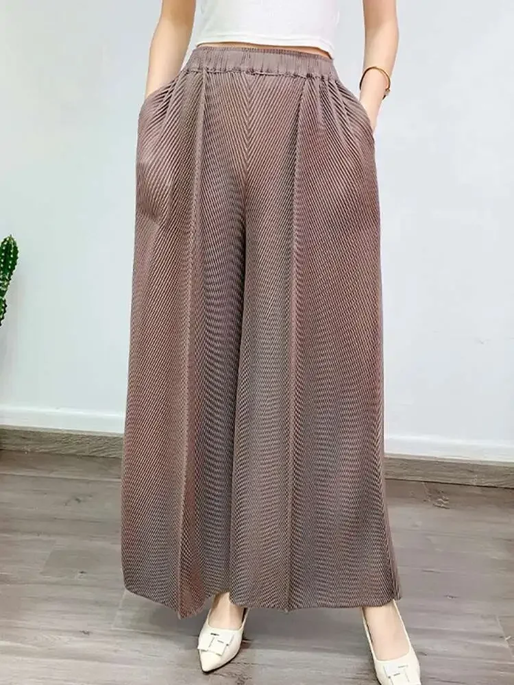 موضة عادية مطوي بنطال ذو قصة أرجل واسعة المرأة عالية مرونة الخصر مصمم موضة بنطلون المرأة مياكي 2025 صيف جديد