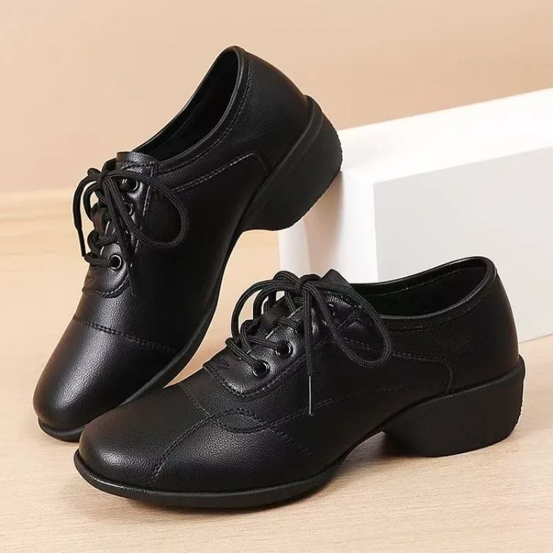 Women Low Heel Dance Sneakers Lace‑Up Soft Faux Leather Round Toe Non‑Slip Ballroom Dancing Shoes view 4