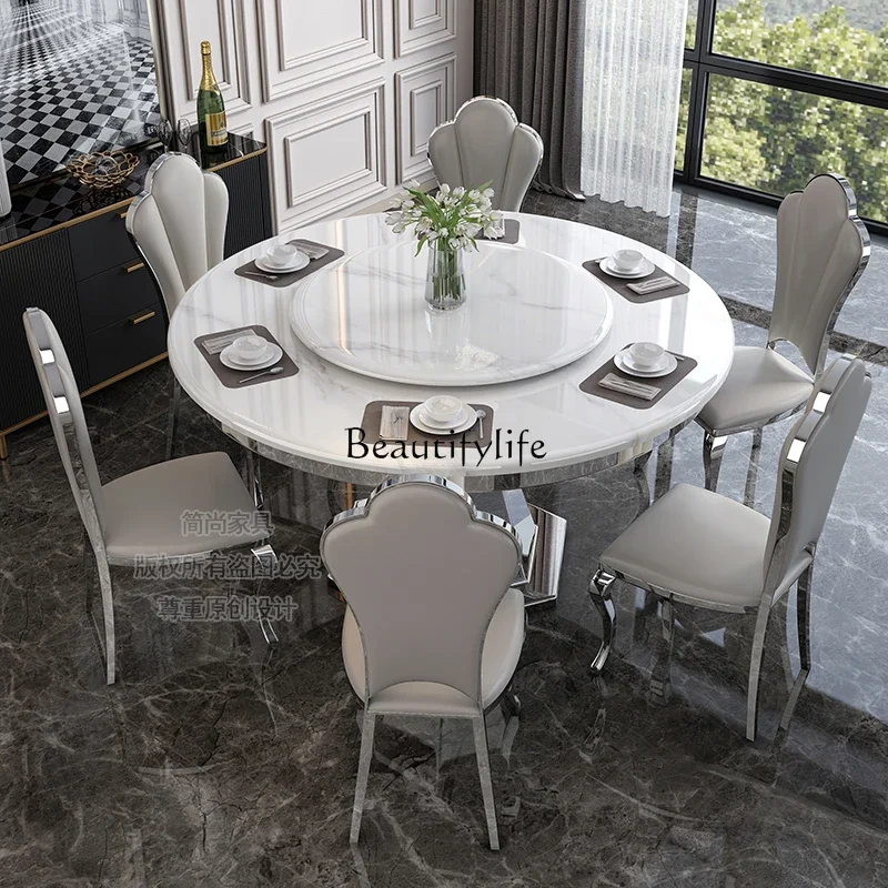 Mild Luxury Marble Dining Table Modern Simple Home Large and Small Apartment Type round Dining Table with Turntable