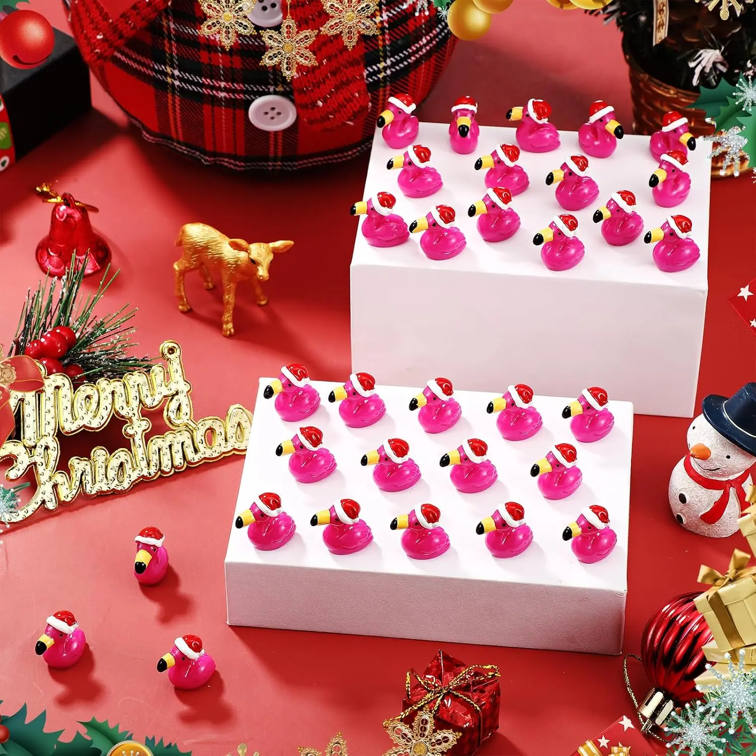 10/20PCS Hot Pink Flamingo Figurine with Santa Hat For DIY Fairy Garden Xmas Goodie Bag Fillers Party Favors Gift