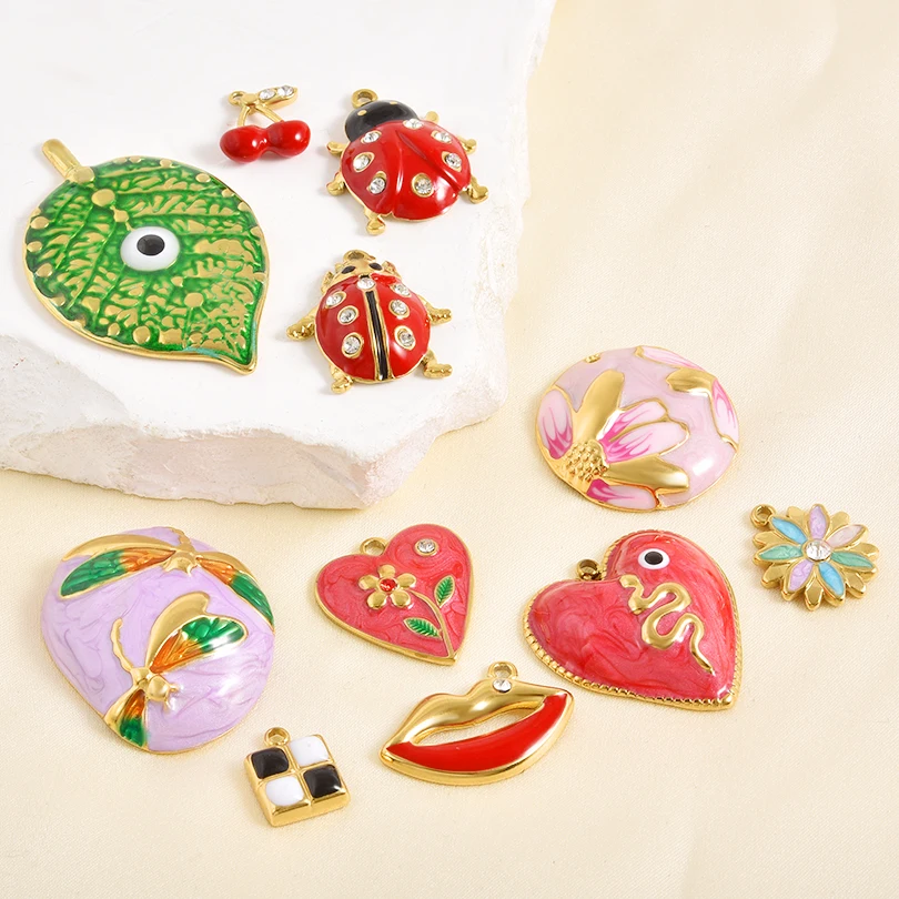 

10pcs/Lot Waterproof Geometry Figure Creative Plant Leaves Ladybugs Lips Charms For Jewelry Making Bulk Stainless Steel Pendant
