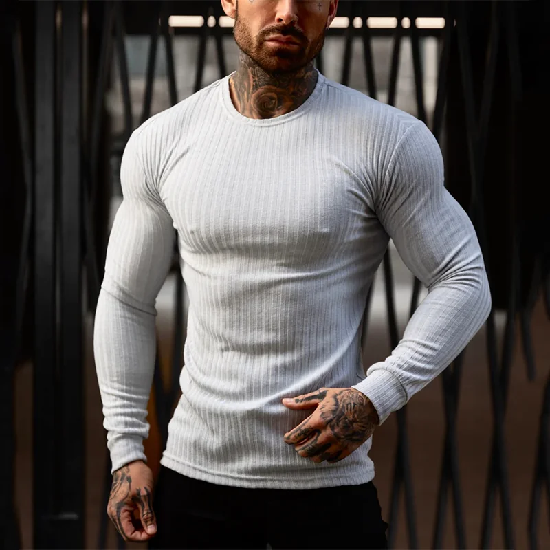 Autumn Running T-shirts Mens Classic Ribbed Knit Jumper Sports Long Sleeved Slim Fit Round Neck Casual Gym Fitness T Shirt