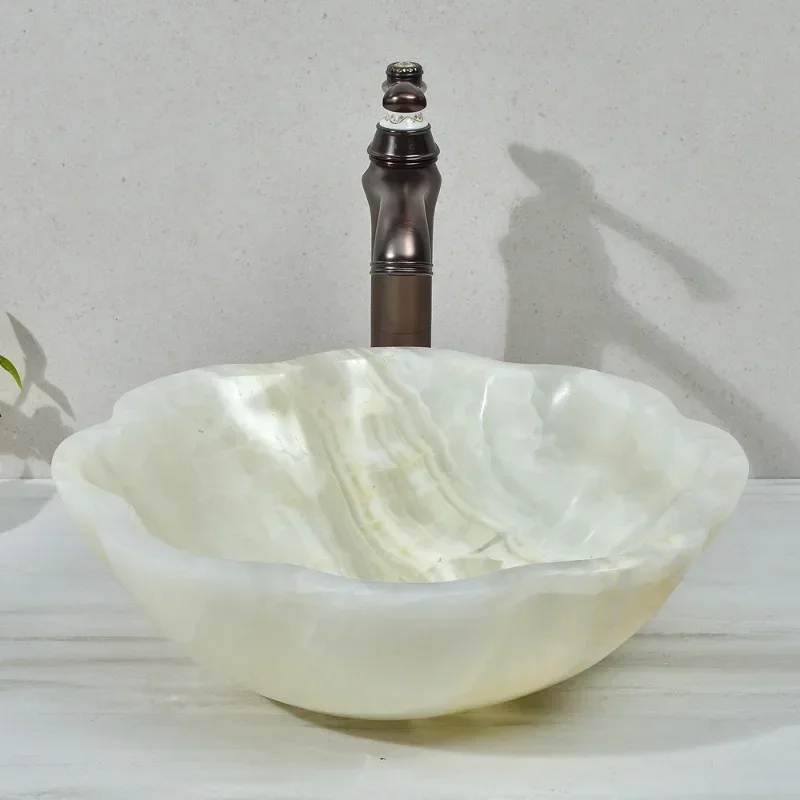 

White Onyx Marble Wash Basin Home Decor Washroom Flower Shaped Sink Dresser Top Sink Basin