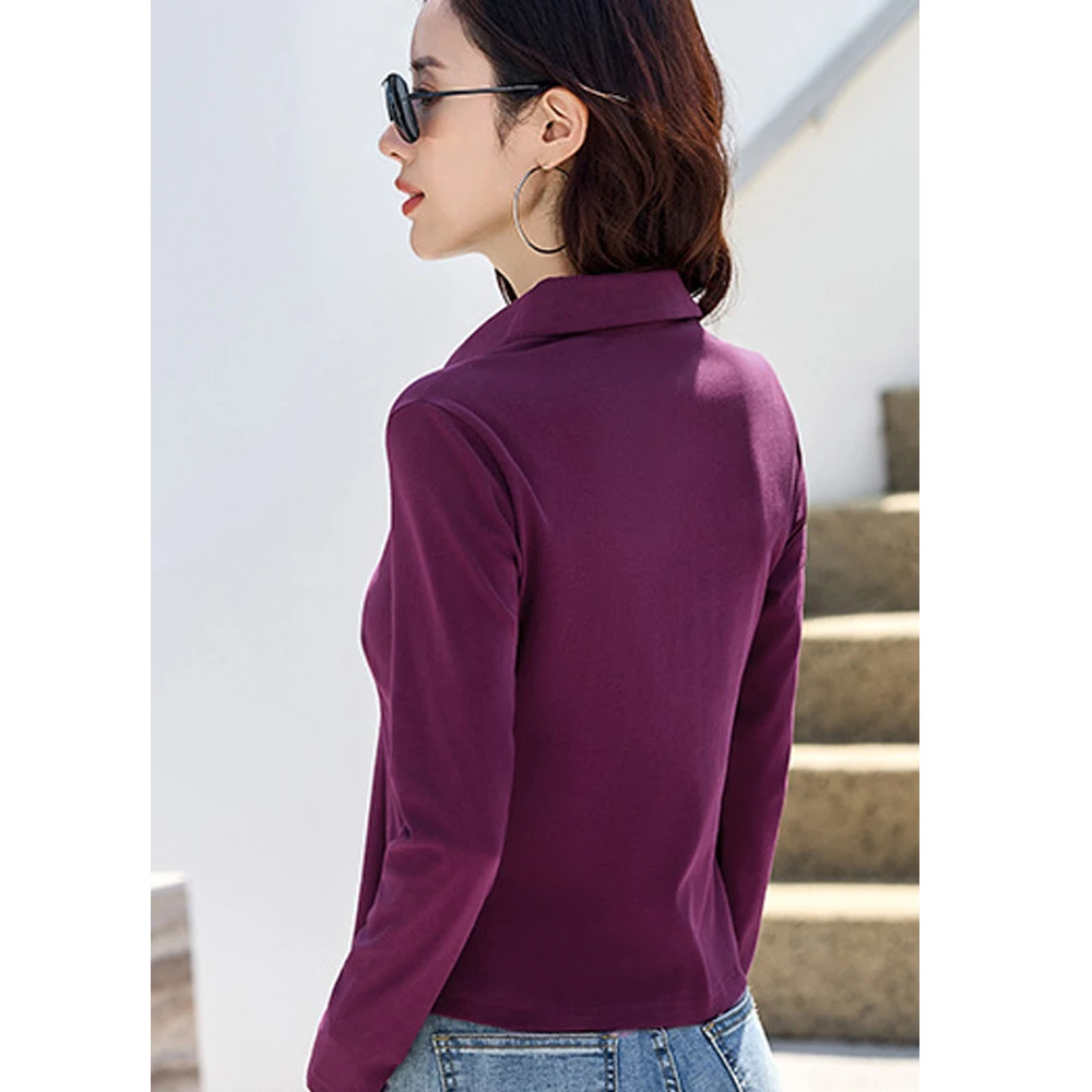Korean style long sleeved t-shirt for women in spring and autumn, new high-end fashion, plus size front split lapel casual top