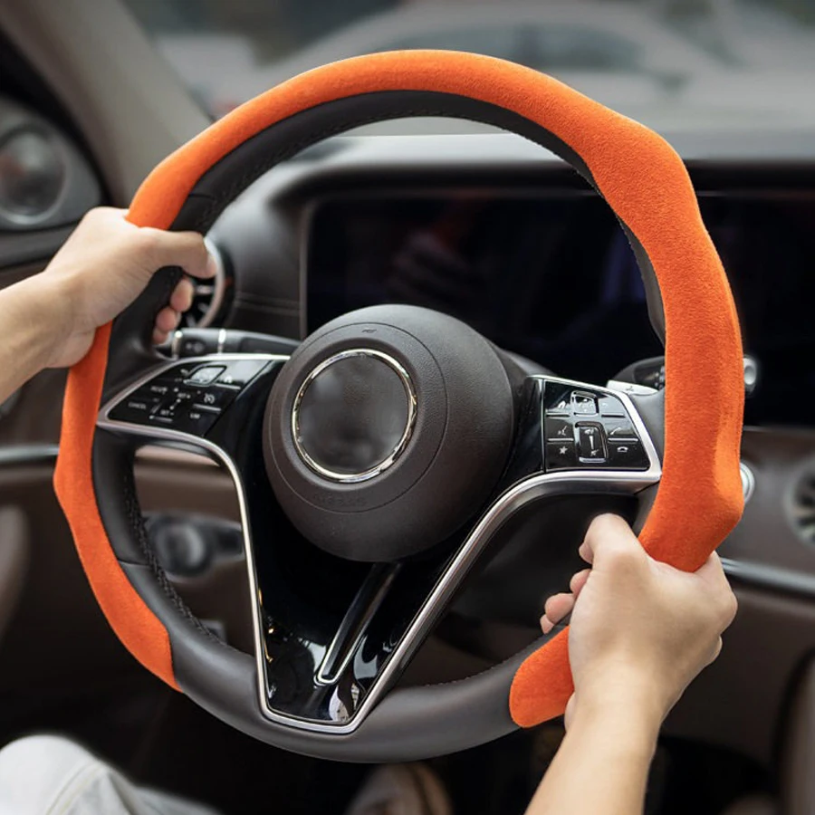 

Новый стильный замшевый универсальный чехол-накладка на руль 38 см, нескользящий, для защиты и декора интерьера автомобиля