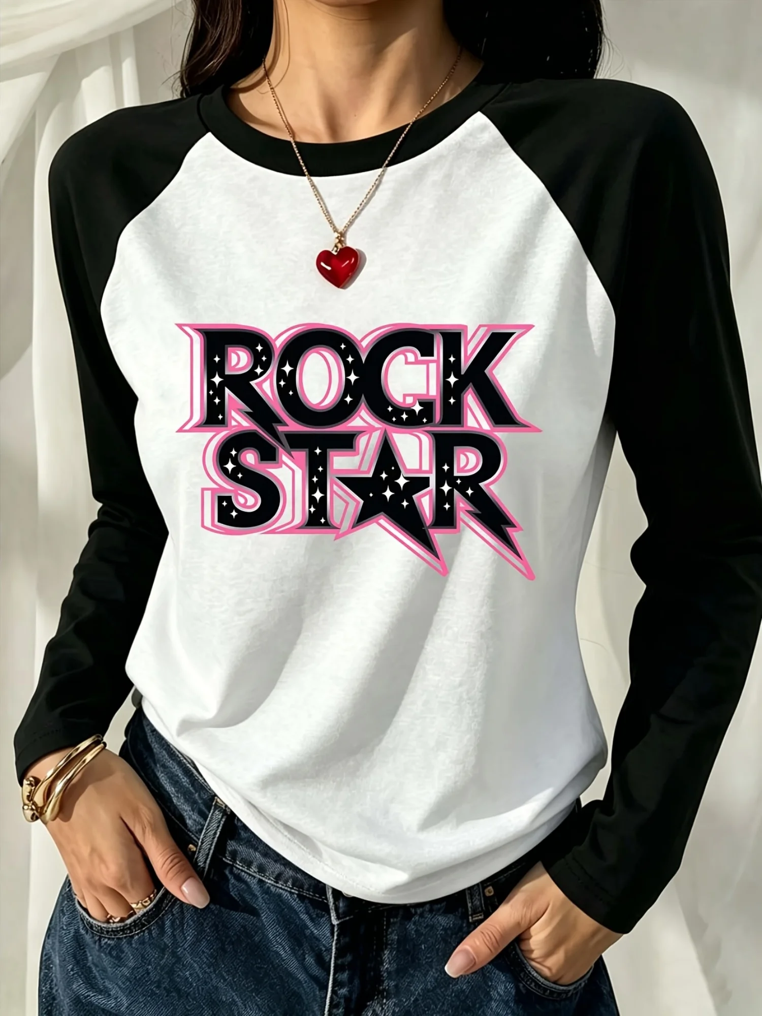 Niche Ins Style Rock Star Print Off-Shoulder T-Shirt Women's Korean Version Versatile Casual Tops Vintage Y2k T Shirt Clothes