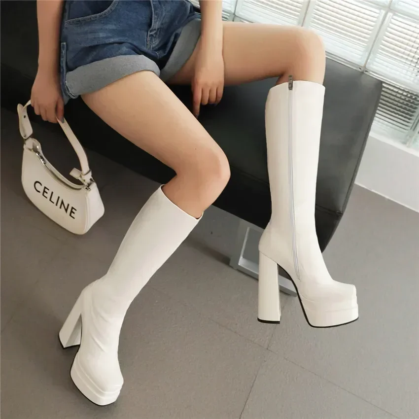 Winter Women Platform Knee High Boots Red Patent Leather Extreme Chunky Heels Sexy Party Club Lady Square Toe Zipper Long Boots