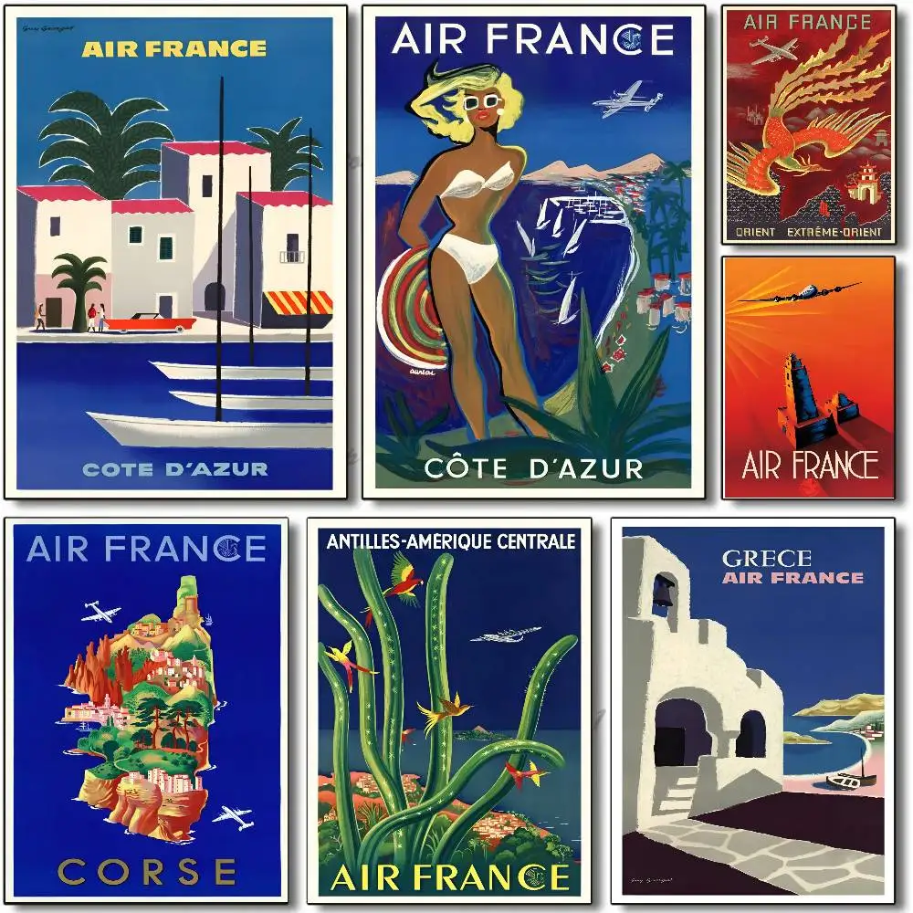 Air France Airline Advertising Vintage Travel Poster Self-adhesive Art Room Entrance Restaurant Wall Decor Art Painting