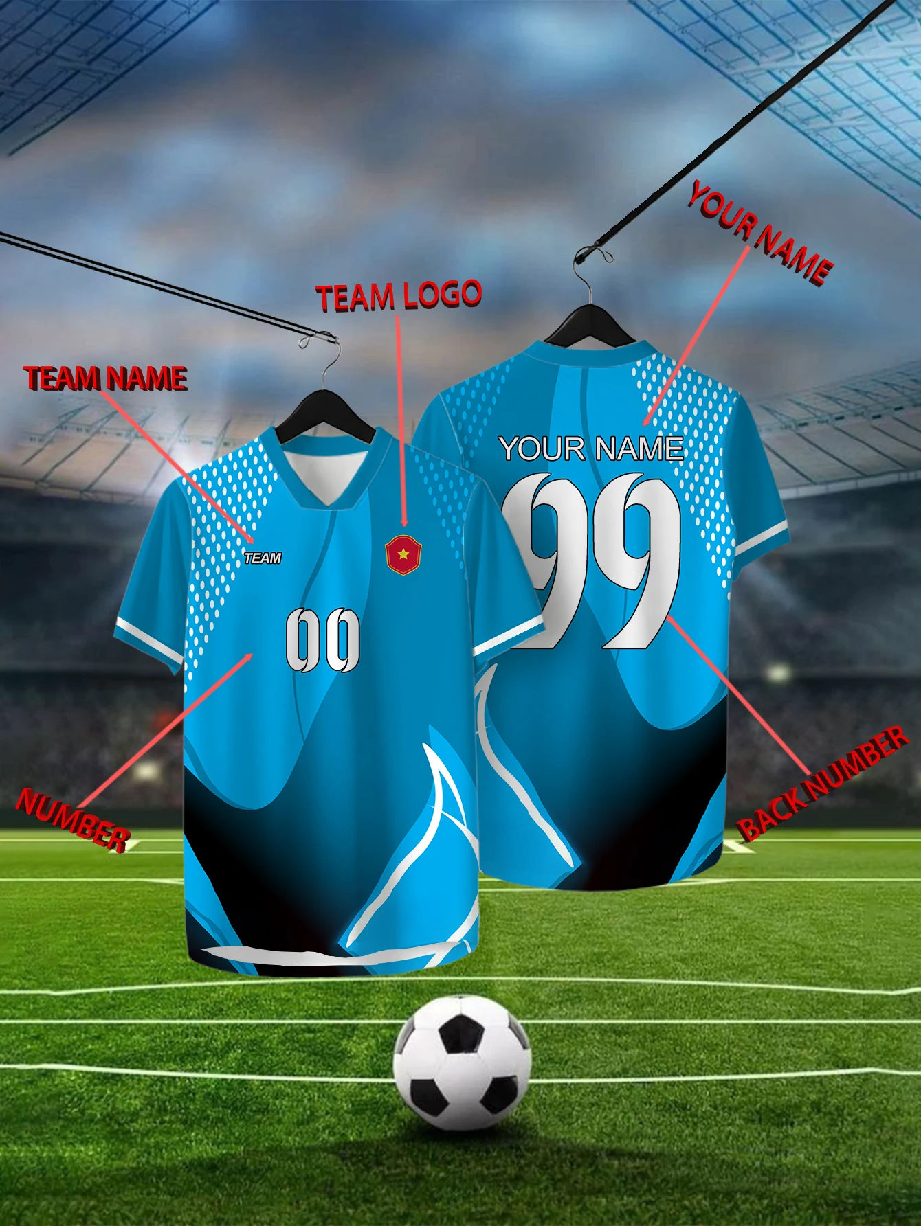 

Customized Geometric Blue Short Sleeved Shirt with Team Name, Emblem, Name and Number, Outdoor Sports Short Sleeved T-shirt