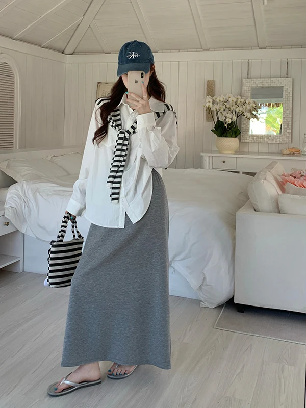 

plus Size Casual Stripe Sun Protection Long Sleeve Shirt And Skirt Set High Waist Midi A-Line Skirt Korean Style Commute Fashion