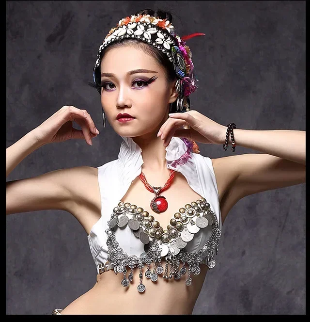 جديد 2018 ATS ملابس الرقص الشرقي بلايز معدنية ترصيع رفع الخرز الغجر الصدرية B/C كوب عملات خمر الصدرية القبلية الرقص الشرقي