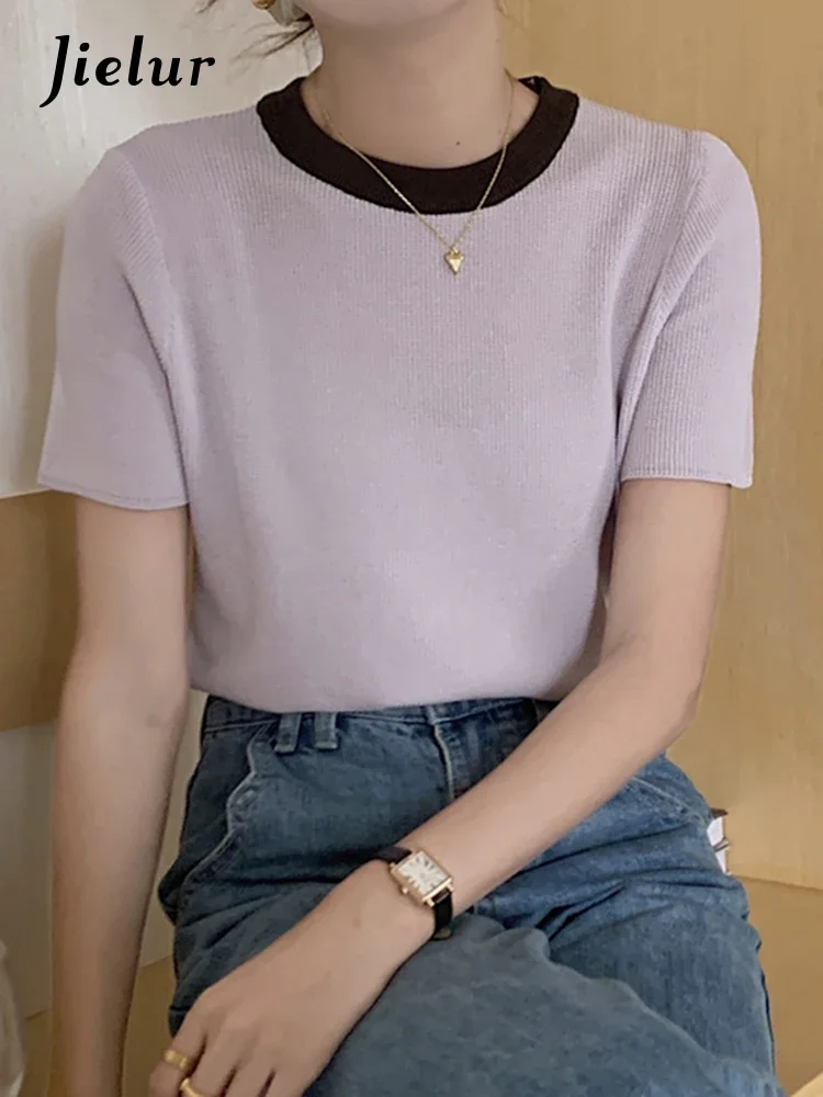 

Jielur Spell Color French Style Chic Slim Women Blouse Office Ladies Summer Short Sleeve O-neck Basic Simple Chic Female Blouses