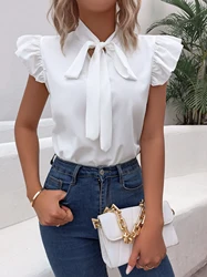 Casual Bow Tie Flutter Sleeve Solid Ruffle Trim Blouse, Women's Clothing